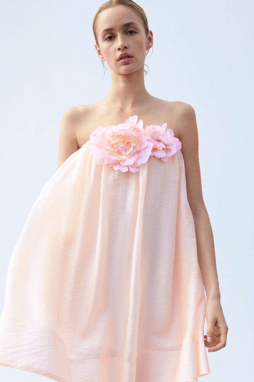 H&M Light Pink Linen Strapless Flower Appliqué Fairy Whimsy Mini Dress S